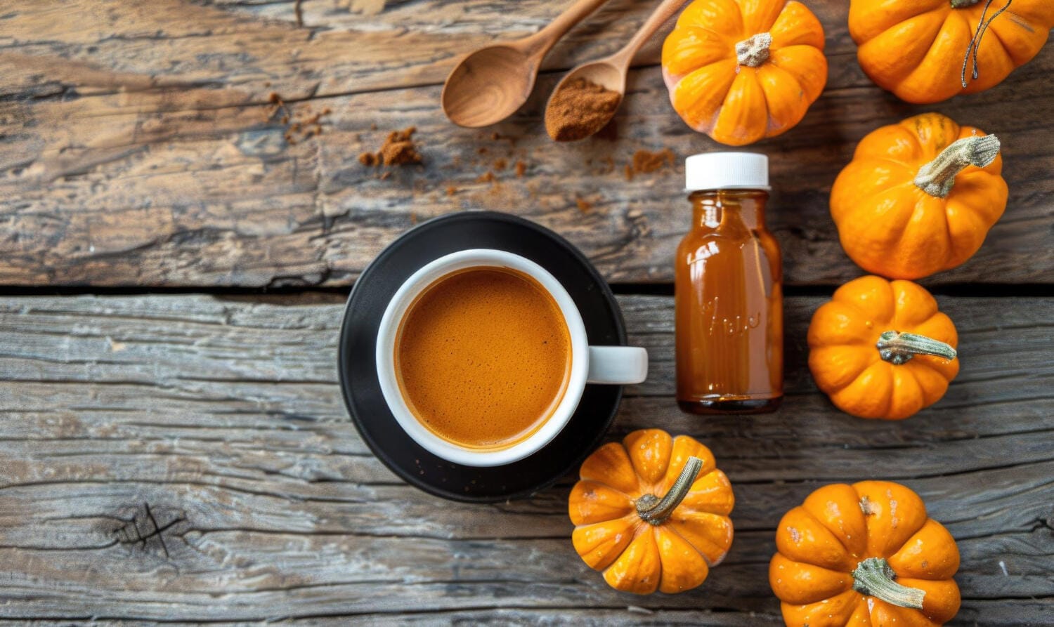 a cup of coffee with small pumpkins and a pumpkin spice syrup bottle